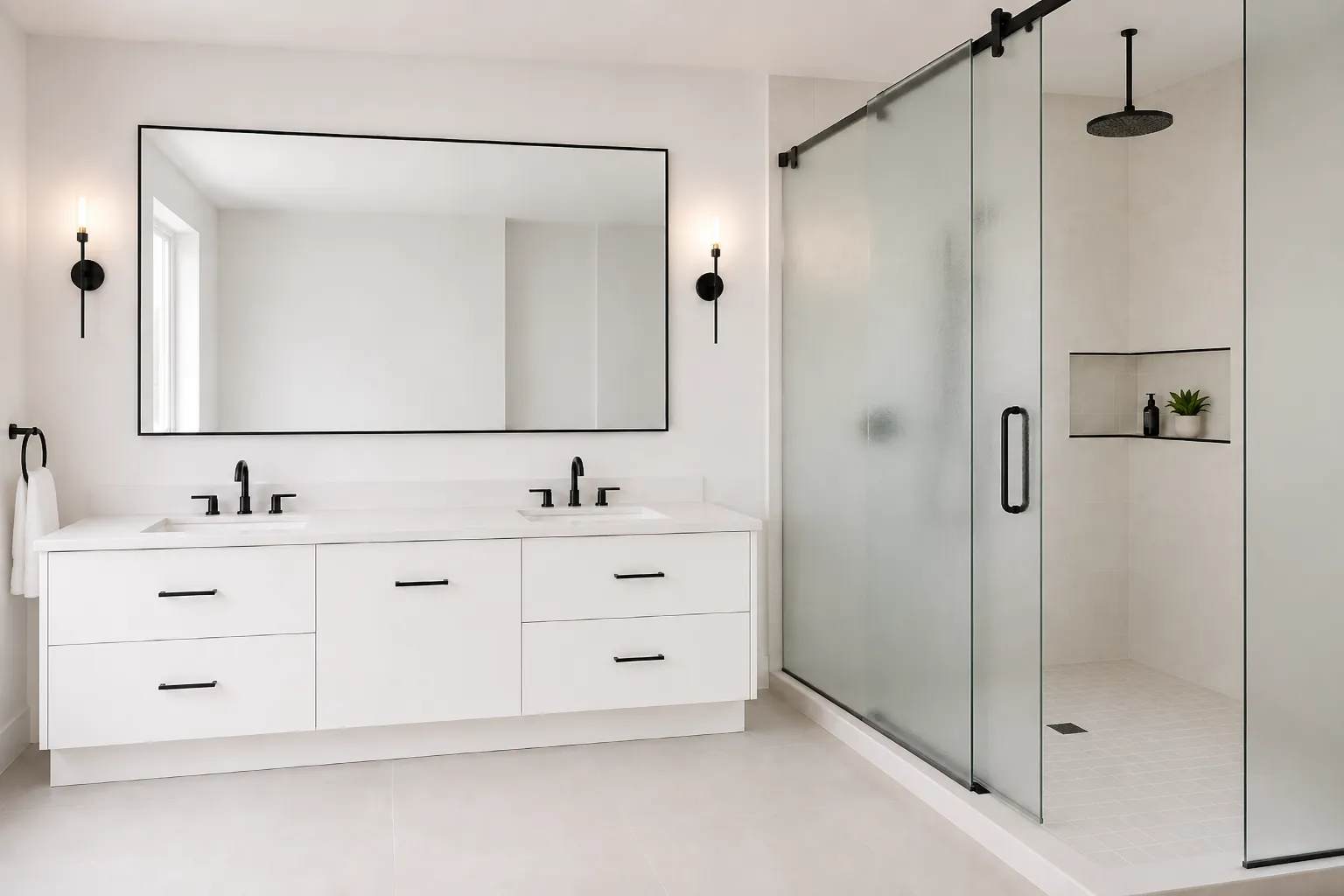 A white double vanity with black fixtures and a glass walk-in shower, bathroom remodeling