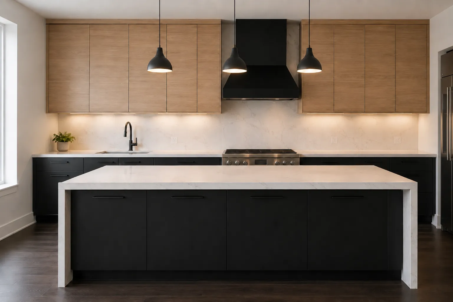 A kitchen with a dark island, white counters and light wood cabinets, kitchen remodeling