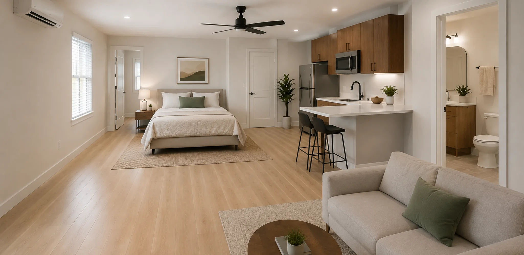 A garage turned into a studio apartment with a bed, a kitchen and a sofa, garage conversion