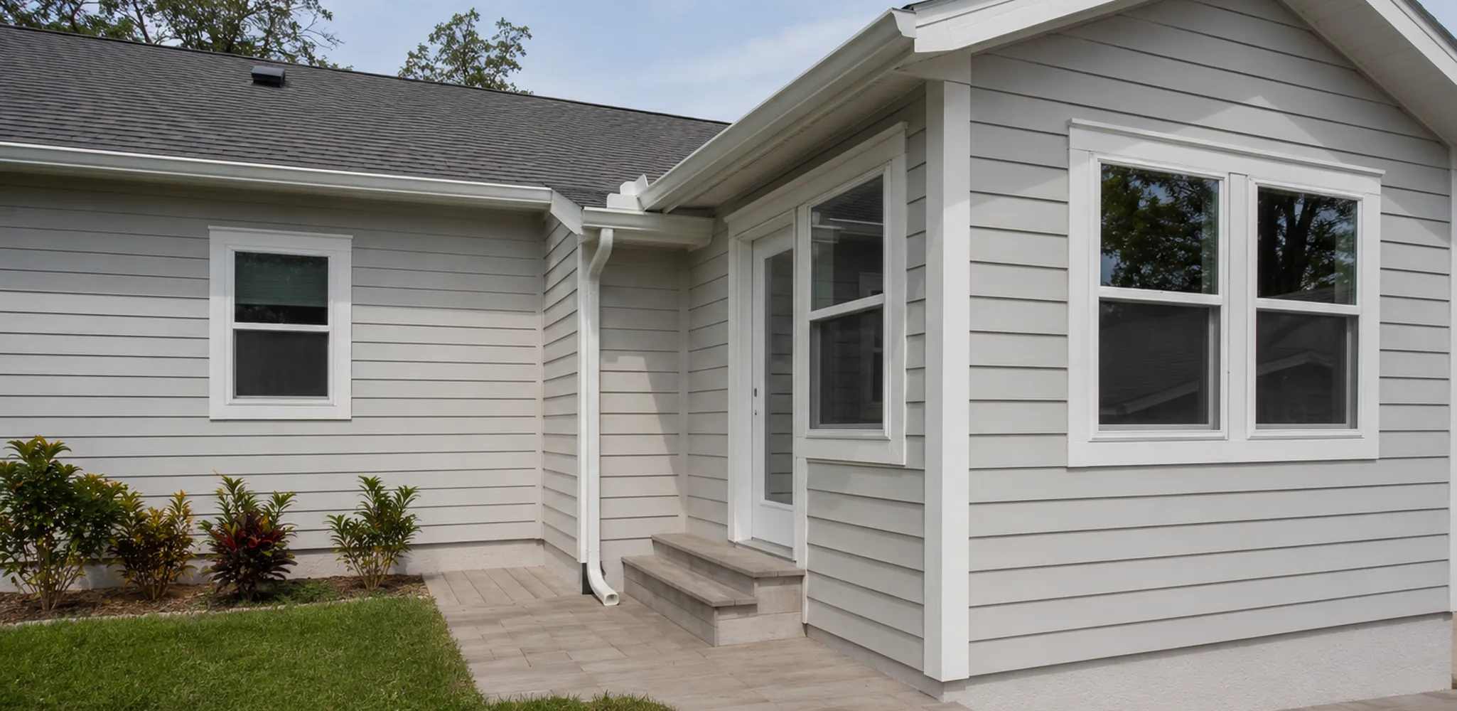 A gray one story house with a new side addition and windows, home additions