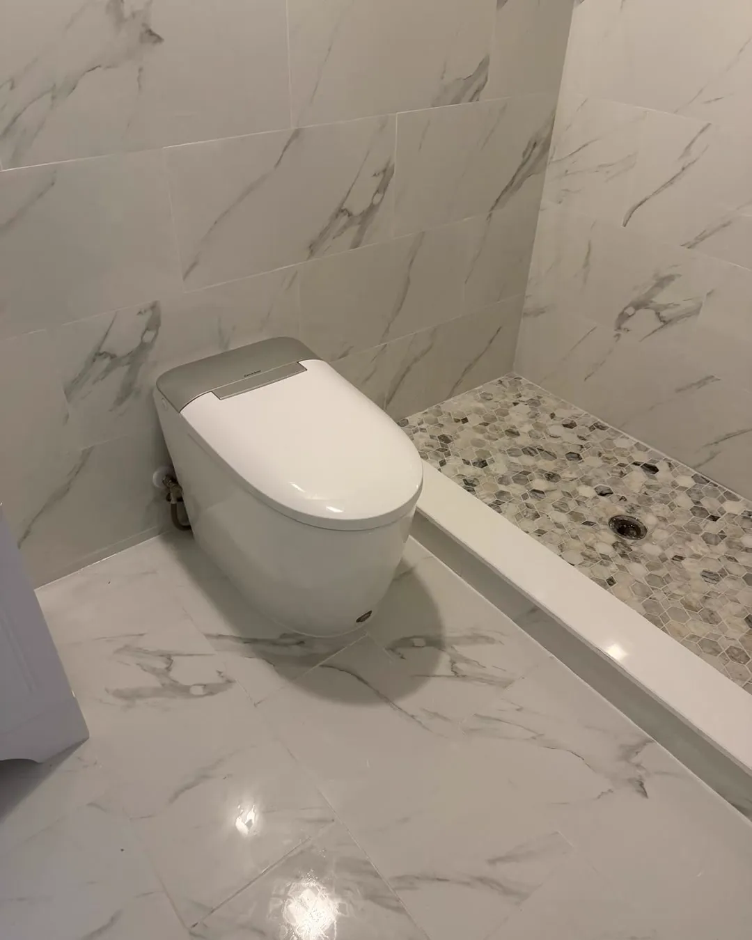 The finished bathroom with the tiled walk-in shower, mosaic pan and new floor