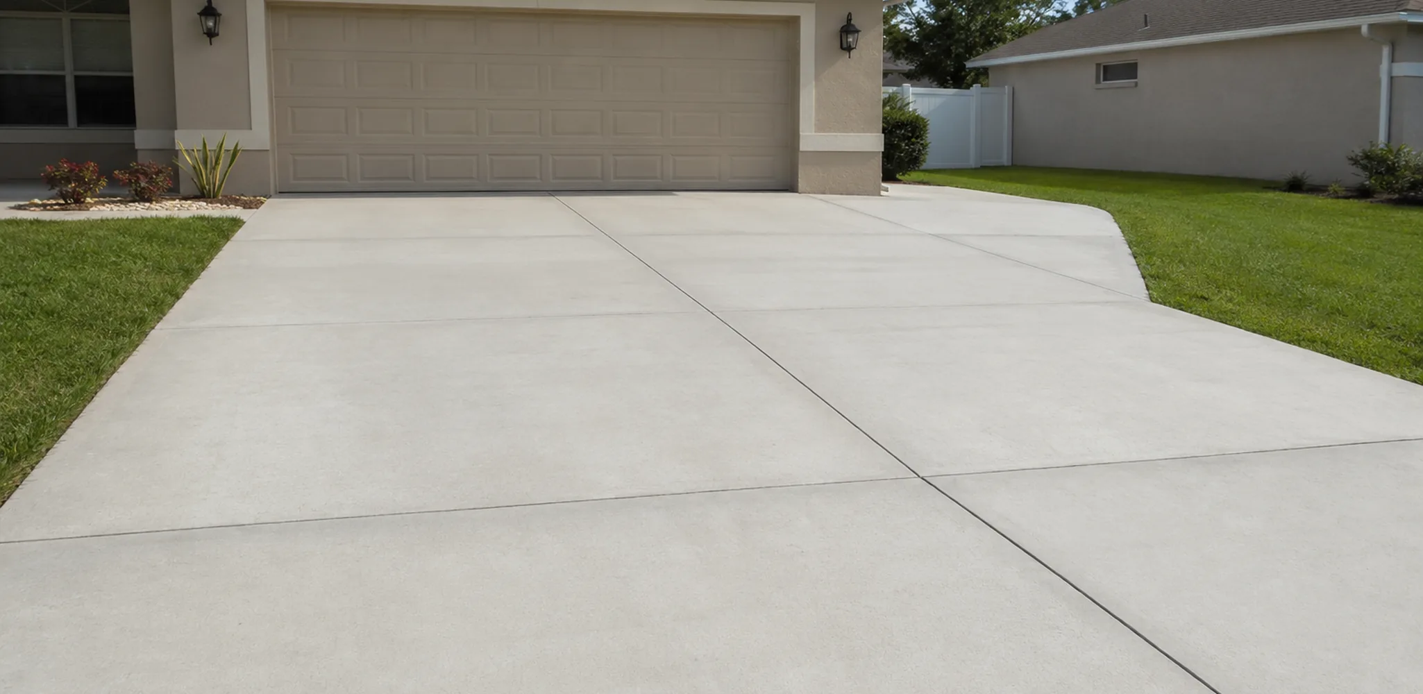A new concrete driveway in front of a garage on a sunny day, driveways