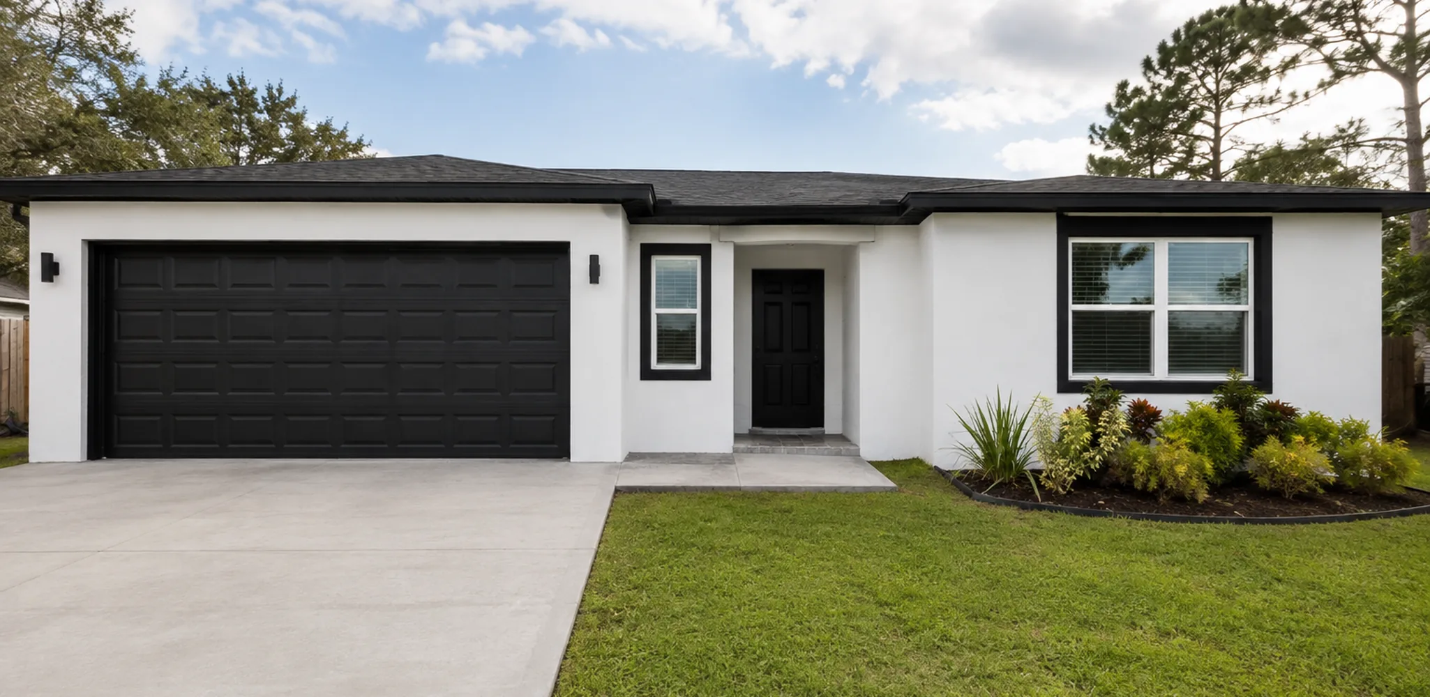 The front of a one story house with a black garage door and new windows, exterior and front of house
