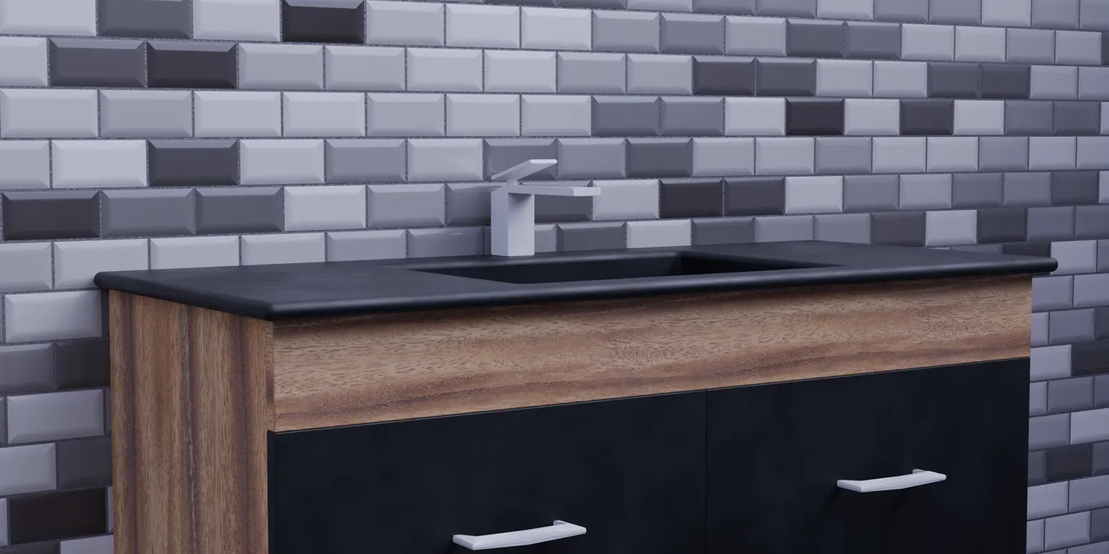 A wall mounted vanity in wood and black against a gray wall, bathroom vanity installation