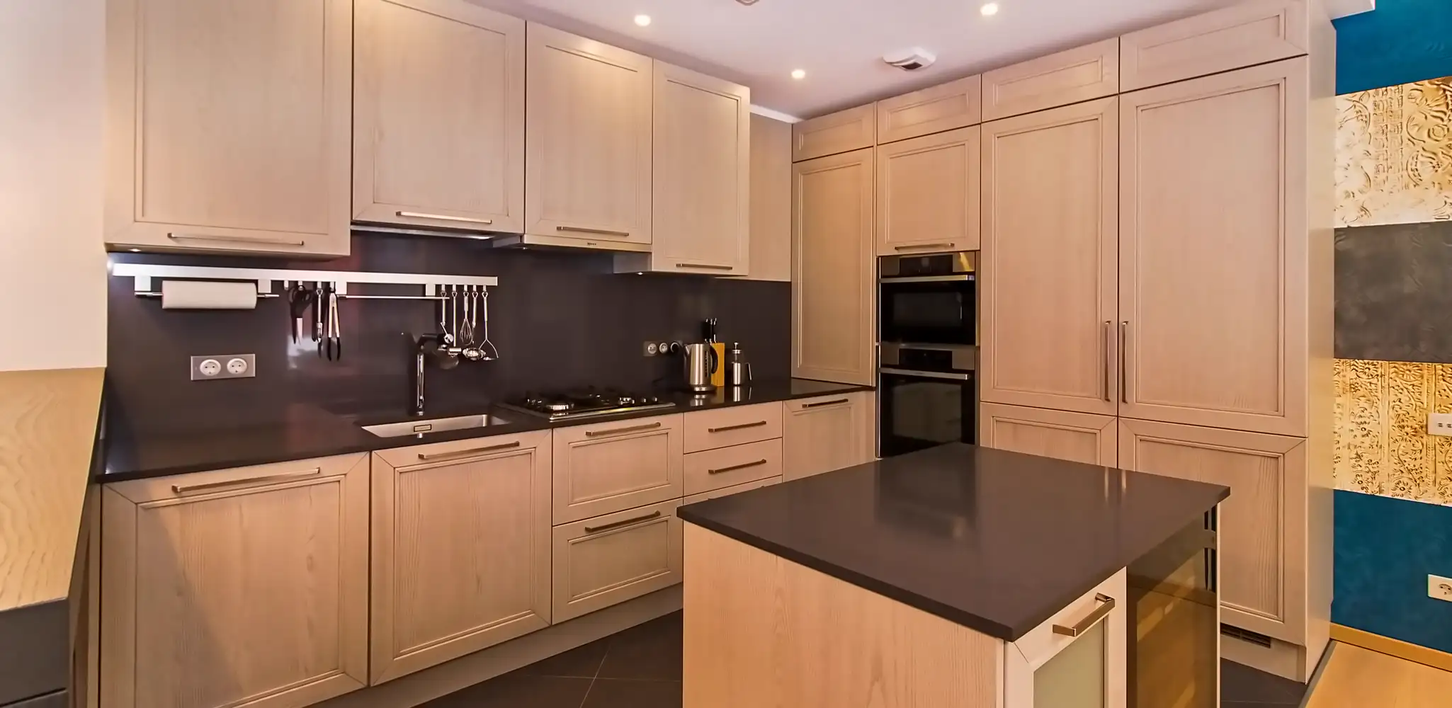 Wood cabinets and a kitchen island, cabinet installation