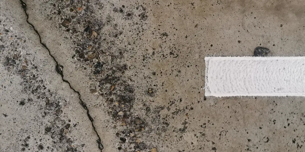 Close up of a weathered concrete surface with a cleaned crack, driveway repair