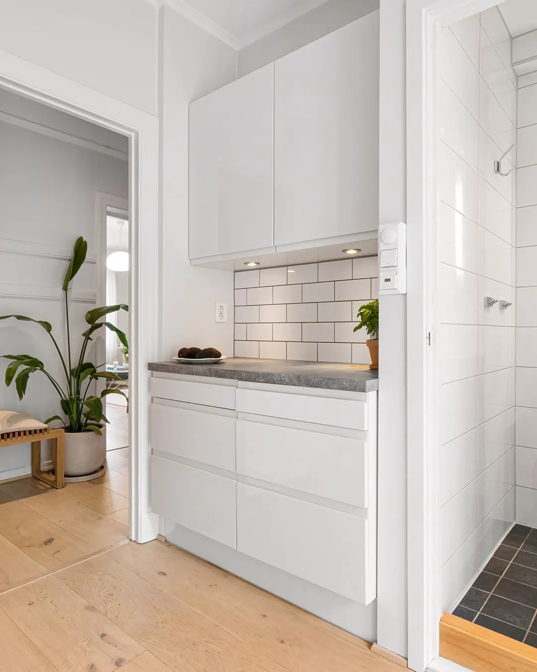 A small apartment with a kitchenette and the door to its own bathroom, garage to apartment conversion