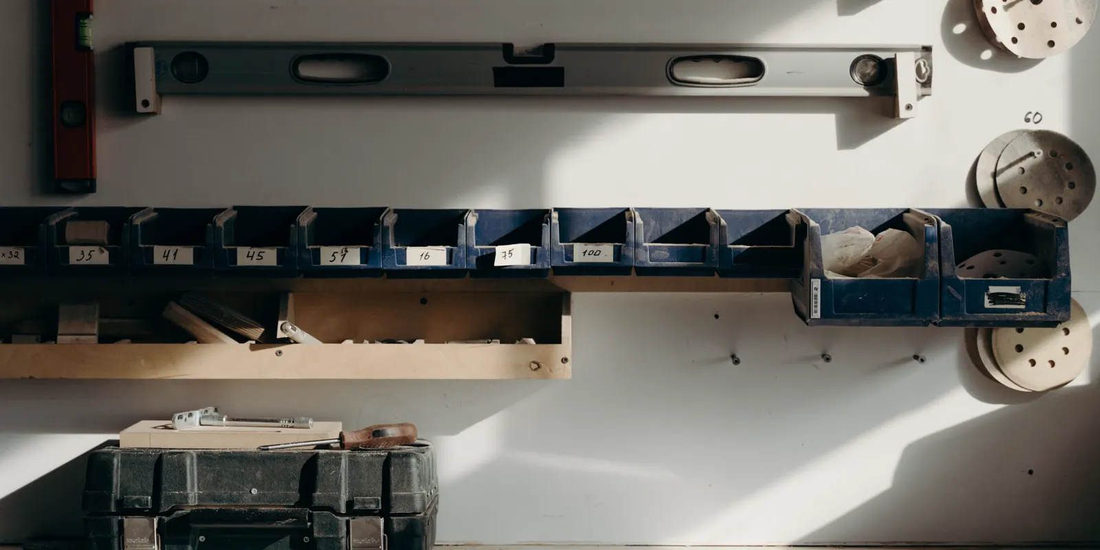 Workshop storage with labeled wooden drawers in sunlight, laundry and garage cabinets