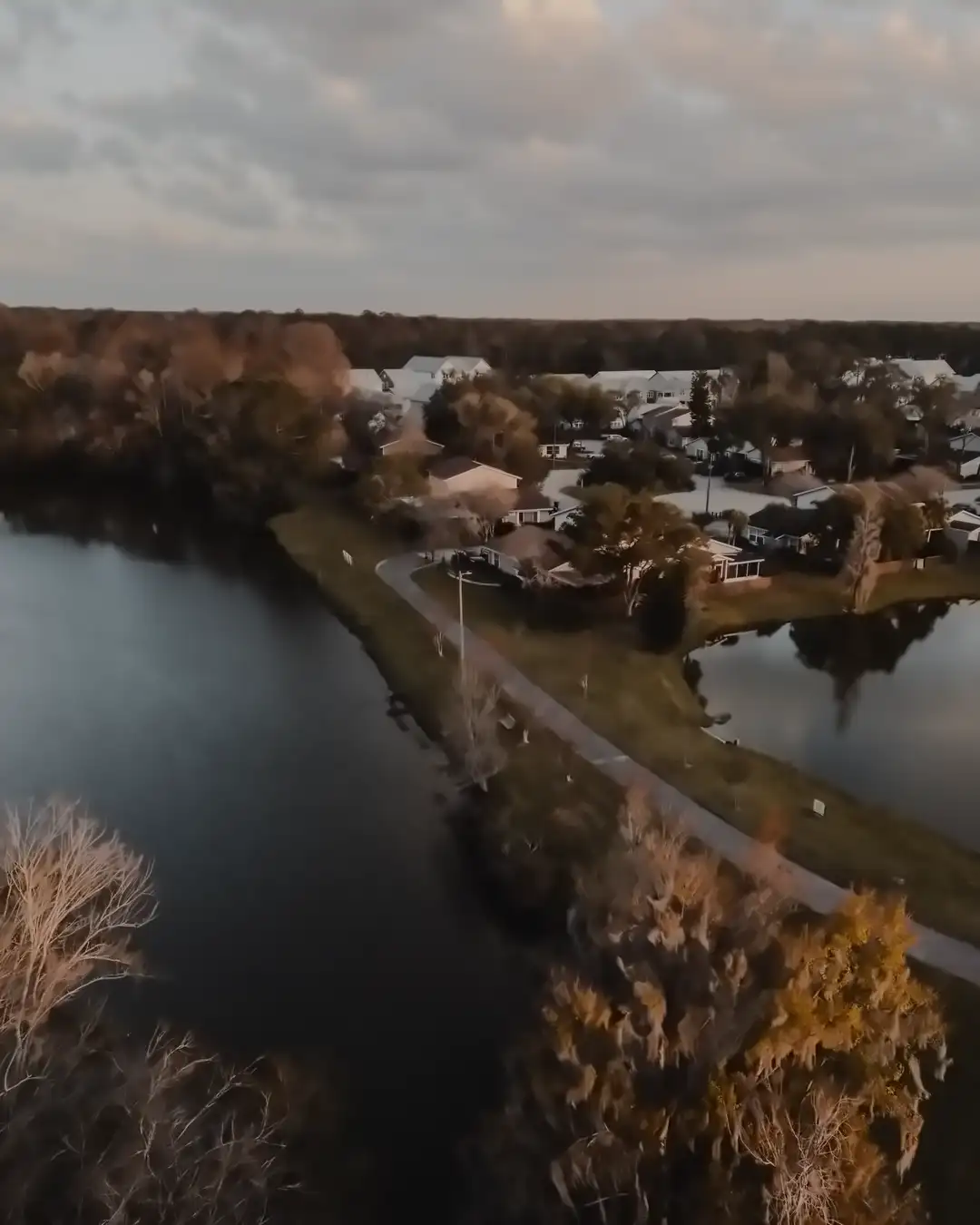 Houses between two lakes and oaks, seen from above at dusk, the kind of place home remodeling in Lutz, FL often starts with