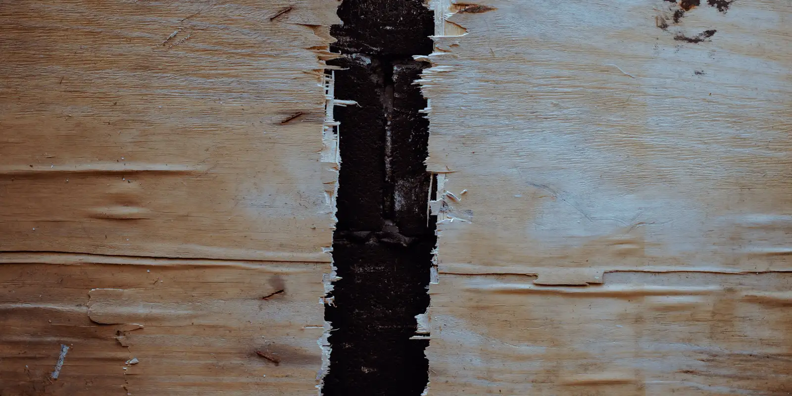 Close up of weathered wood grain with rot, soffit and fascia repair