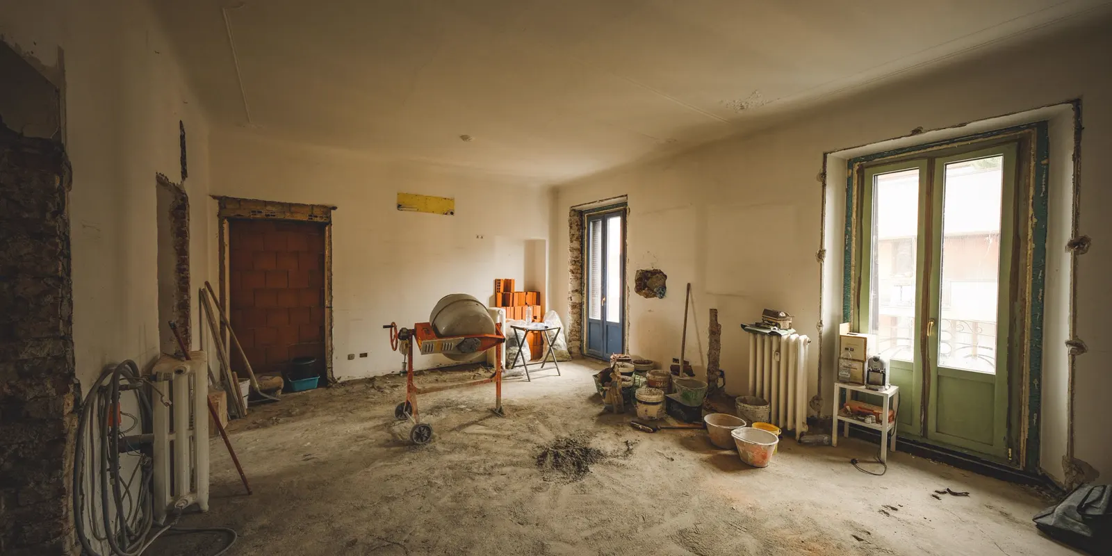 A wide view of a sunny room under renovation, whole home remodel